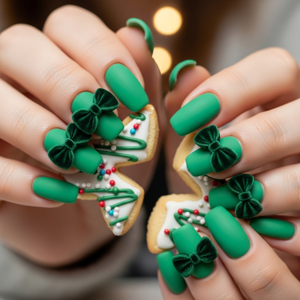 Green Velvet Bow Ties nails 
