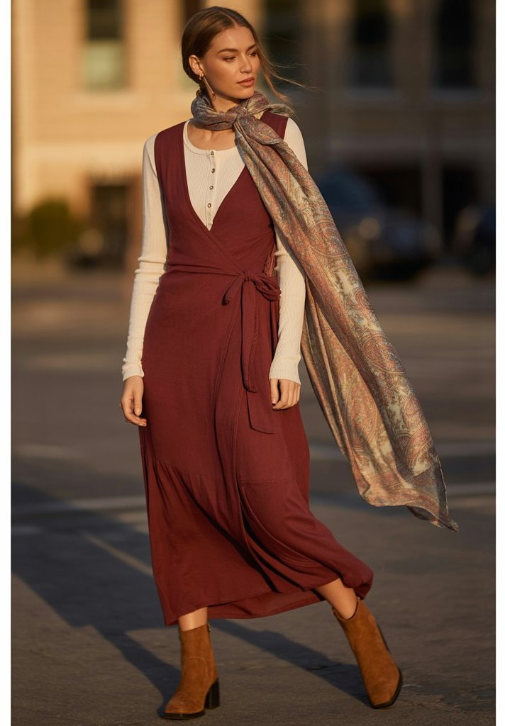 Henley Shirt + Wrap Dress + Scarf