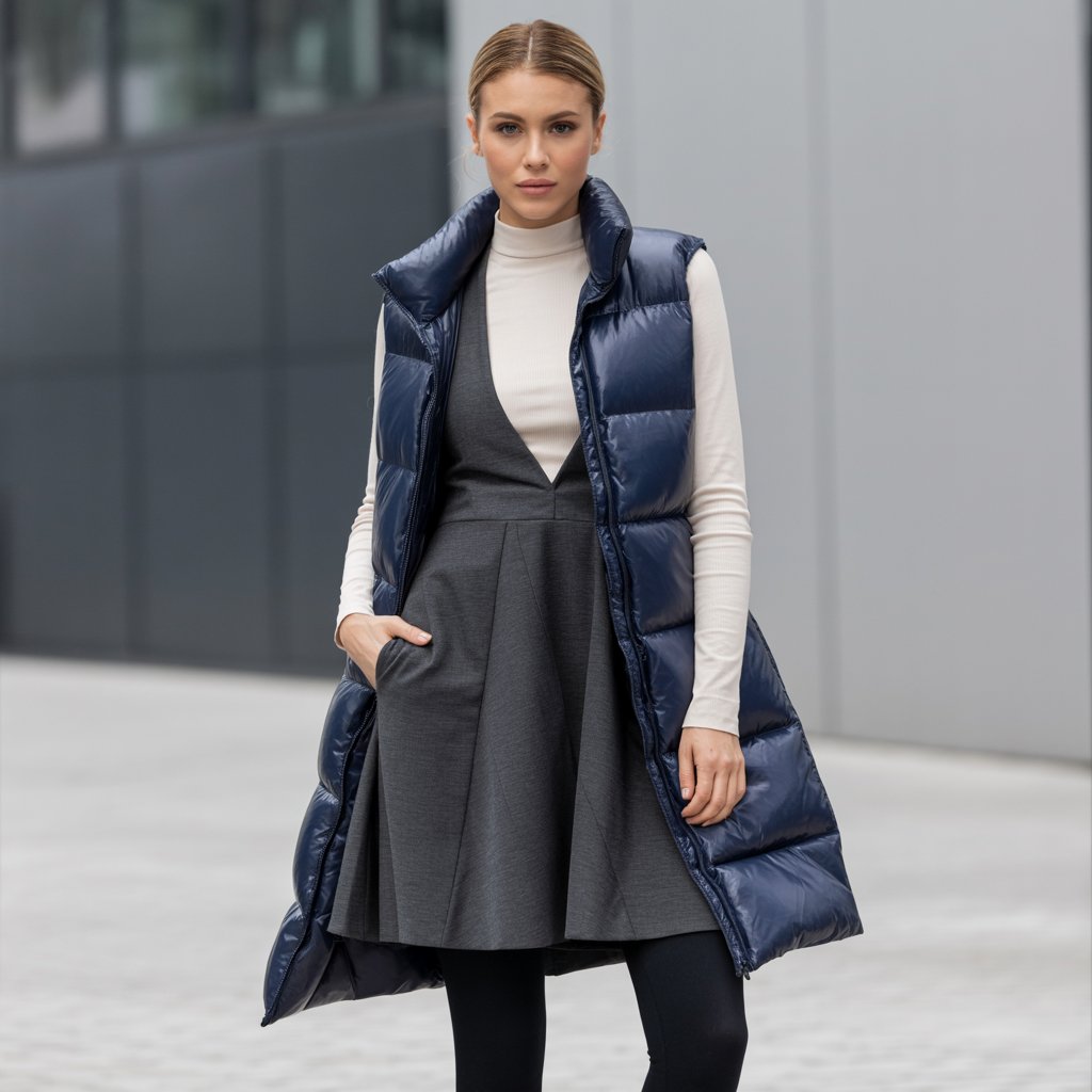 Mock Neck Top + A-Line Dress + Puffer Vest