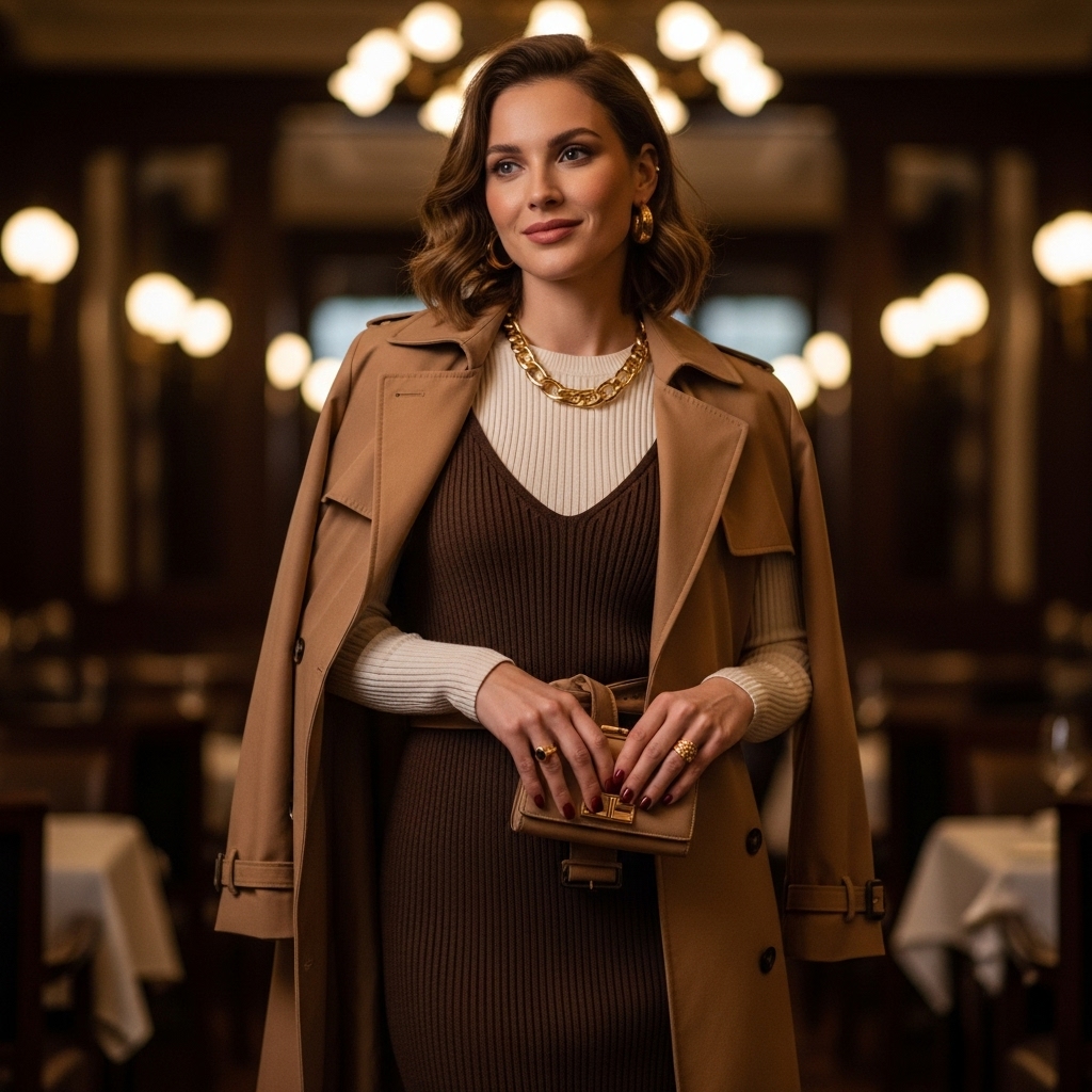 Ribbed Long Sleeve + Knit Dress + Trench