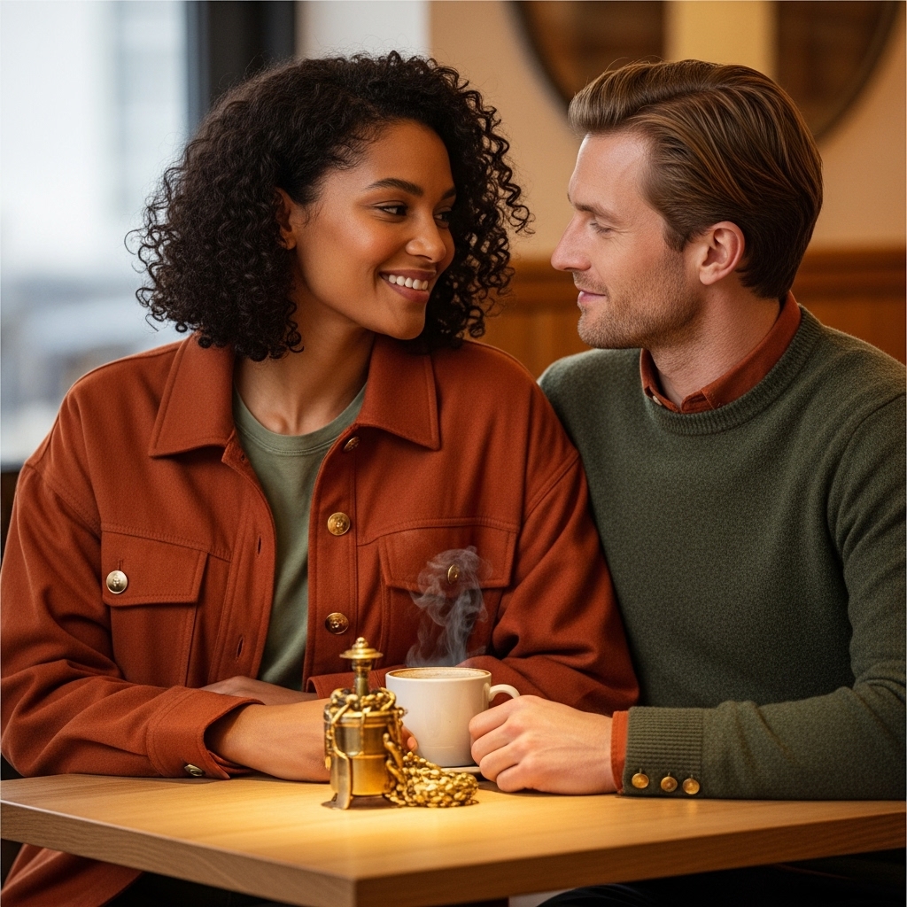 Rust jacket; sage tee; brass buttons