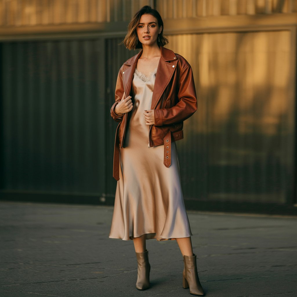 Silk Camisole + Slip Dress + Leather Jacket
