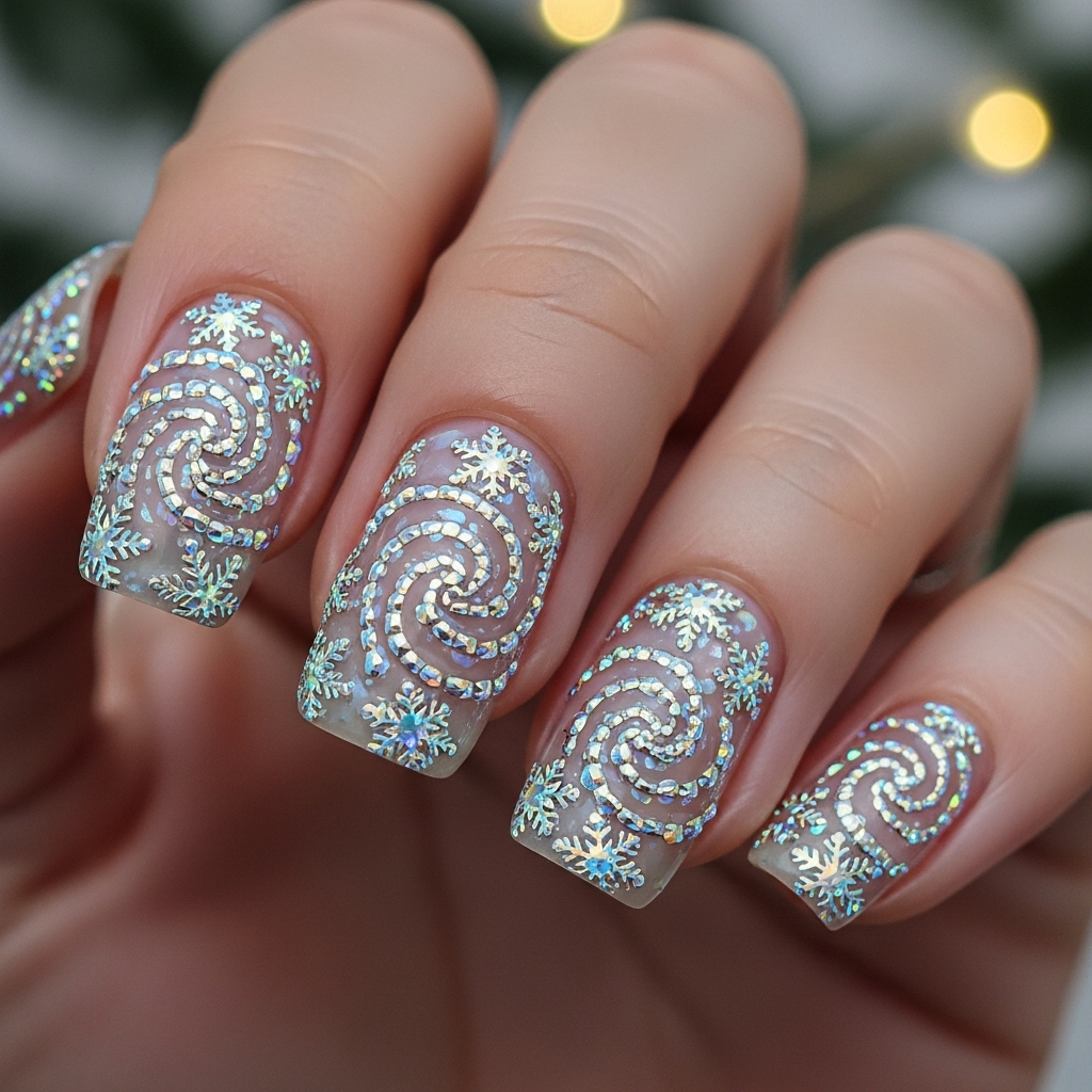 Silver Snowflake Swirls Nails
