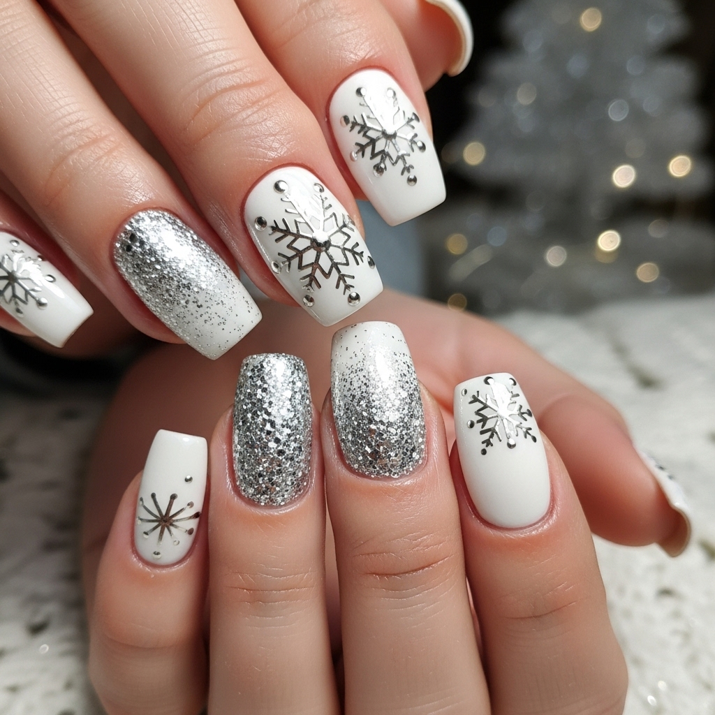 Silver & White Winter Wonderland Nails
