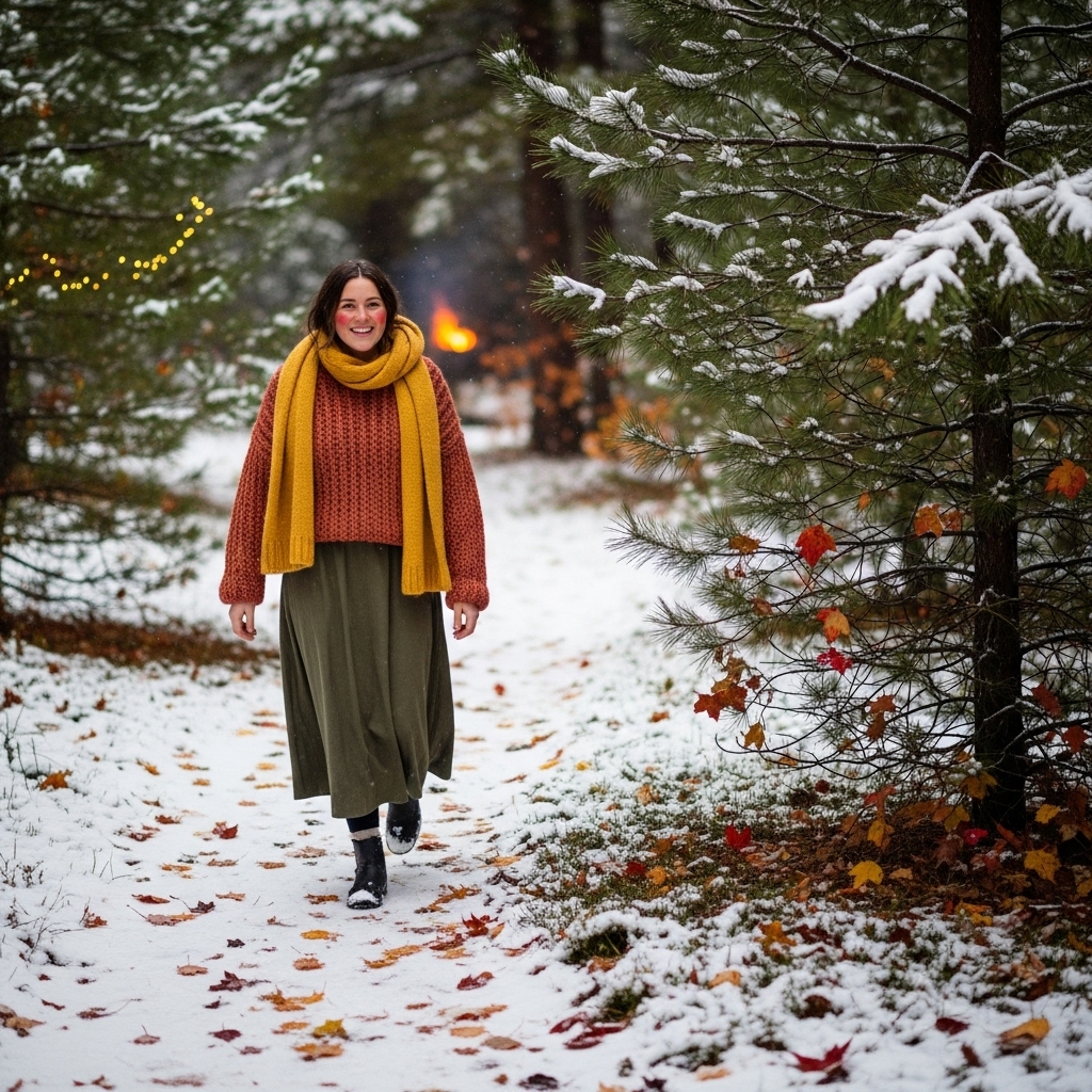 Terracotta sweater; olive skirt; mustard scarf.