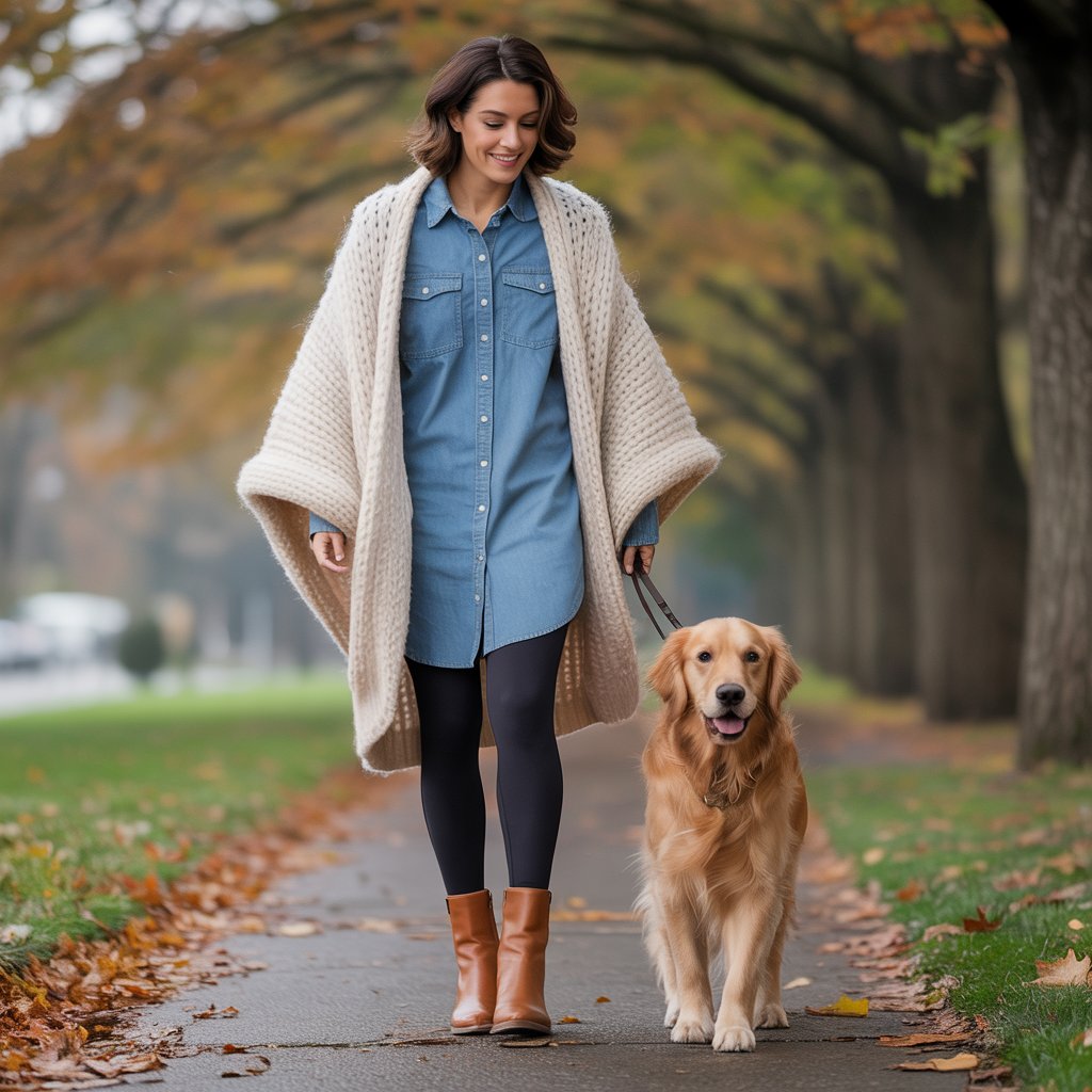 Thermal Leggings + Shirt Dress + Cardigan