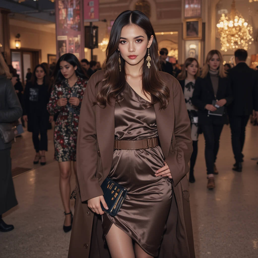 Tights + Satin Dress + Oversized Coat