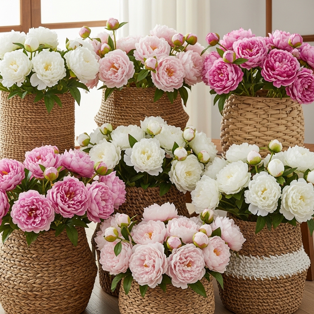 Faux Peonies in Baskets