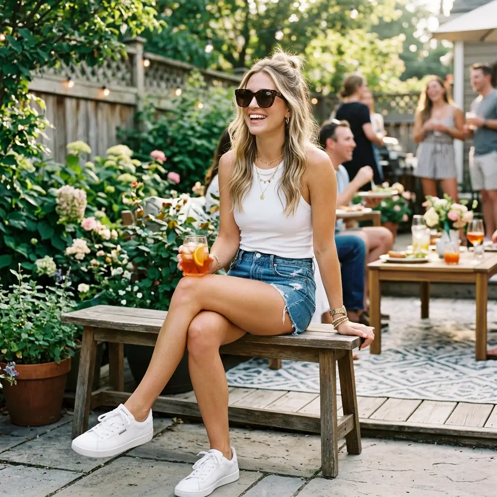White Tank Top With Denim Shorts