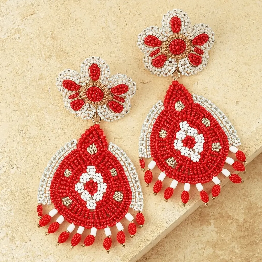 Beaded Red and White Statement Earrings