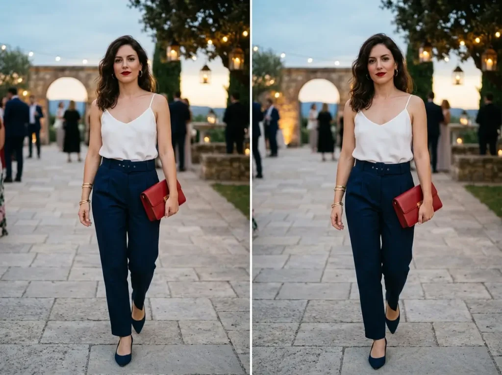 Tailored Navy Trousers with Silk Tops
