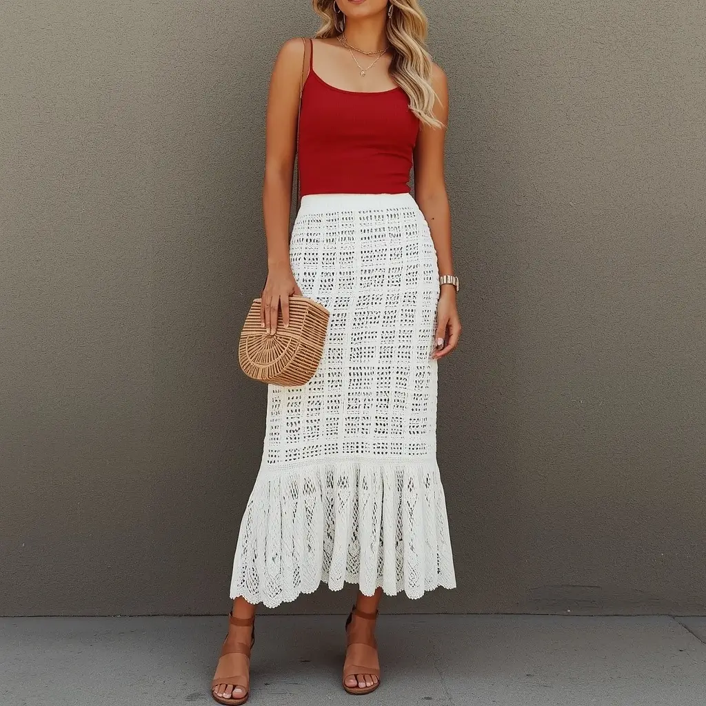 White Crochet Midi Skirts