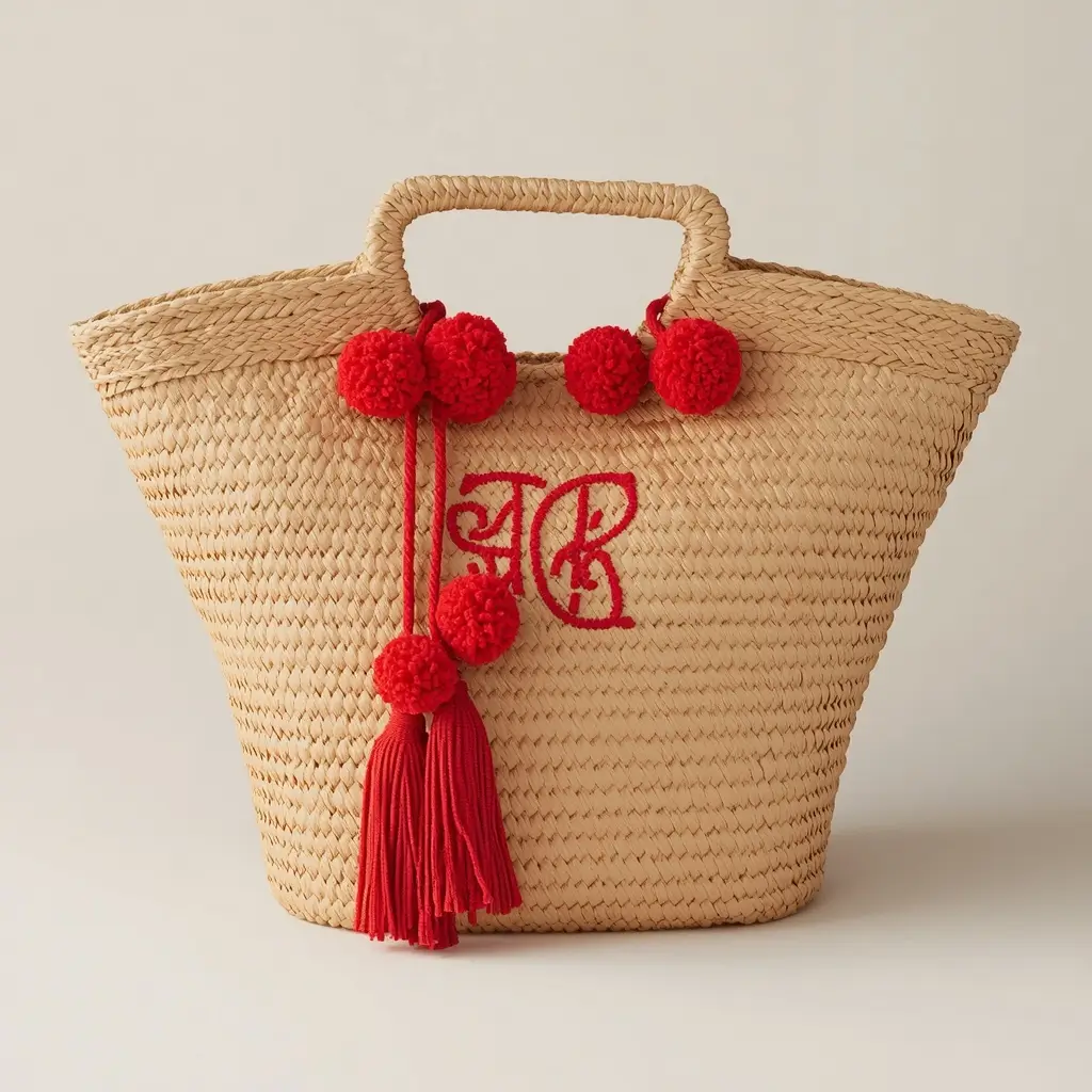 Woven Straw Tote Bags with Red Pom-Poms