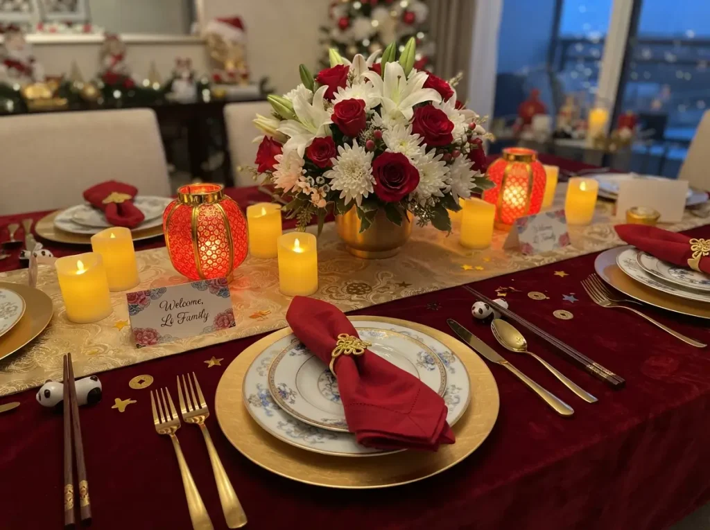 Dining Table With Red and Gold Accents