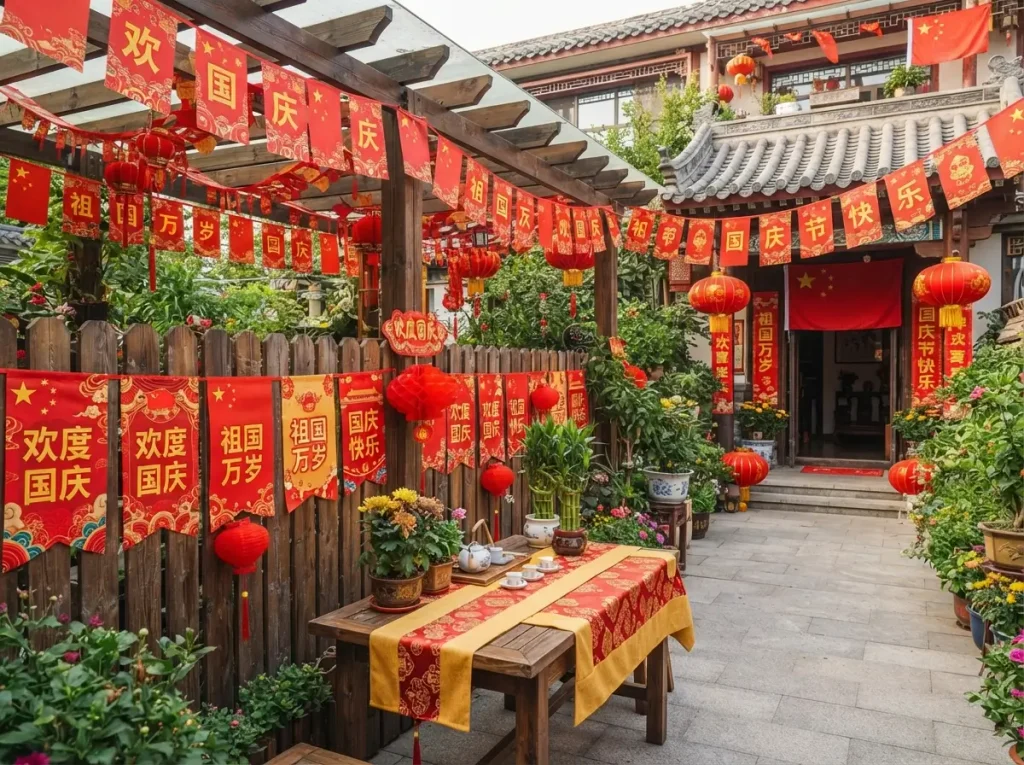 Outdoor Spaces With Red and Gold Banners