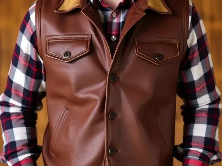 Rustic Leather Vest Over a Plaid Shirt